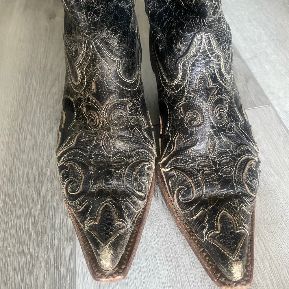 Corral Vintage Black Distressed Leather/Lizard Western Boots - Picture 3 of 8